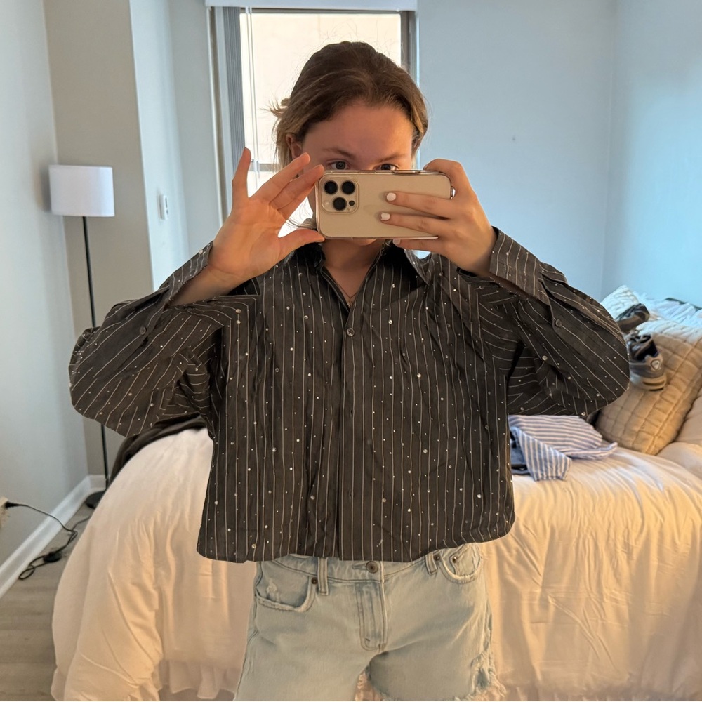 H&M Gray Striped Jeweled Button Up Shirt